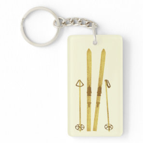 Gold Skis And Poles | Retro Ski Illustration Cream Keychain