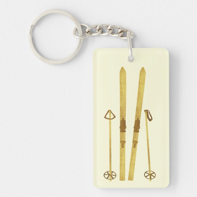 Gold Skis And Poles | Retro Ski Illustration Cream Keychain (Front)
