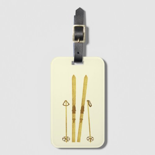 Gold Skis And Poles  Retro Ski Illustration Cream Luggage Tag