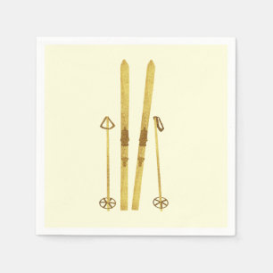 Gold Skis And Poles Retro Ski Illustration Cream Napkins