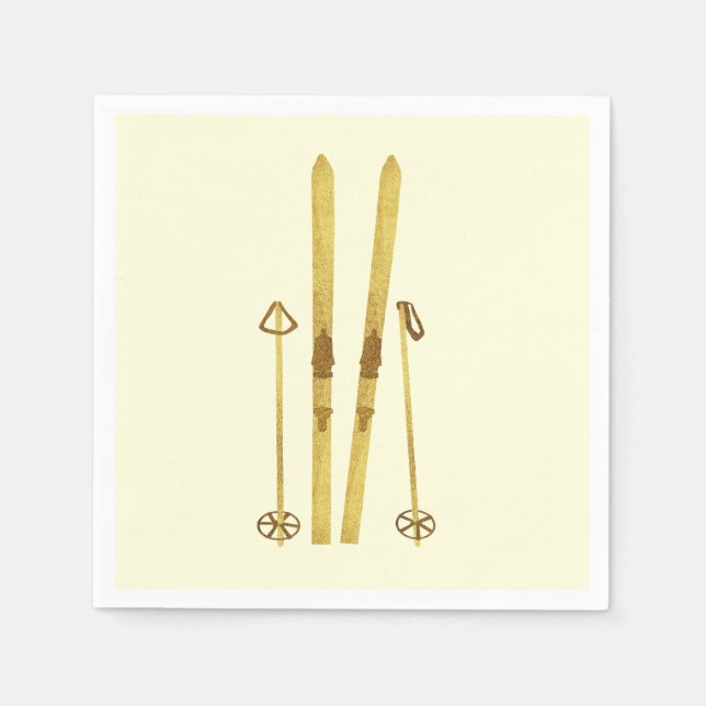 Gold Skis And Poles | Retro Ski Illustration Cream Napkins (Front)