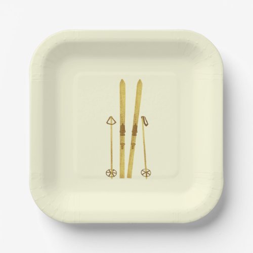 Gold Skis And Poles  Retro Ski Illustration Cream Paper Plates