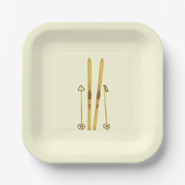 Gold Skis And Poles | Retro Ski Illustration Cream Paper Plates (Front)