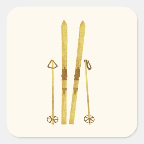 Gold Skis And Poles  Retro Ski Illustration Cream Square Sticker