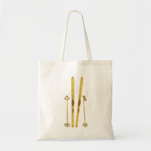 Gold Skis And Poles  Retro Ski Illustration Cream Tote Bag