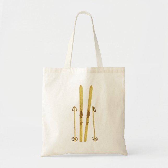 Gold Skis And Poles | Retro Ski Illustration Cream Tote Bag (Front)