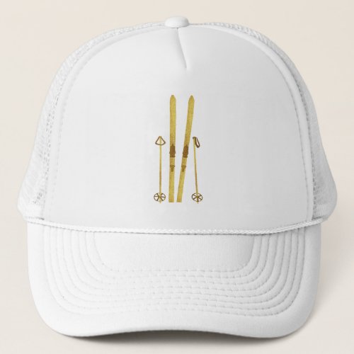 Gold Skis And Poles  Retro Ski Illustration Cream Trucker Hat