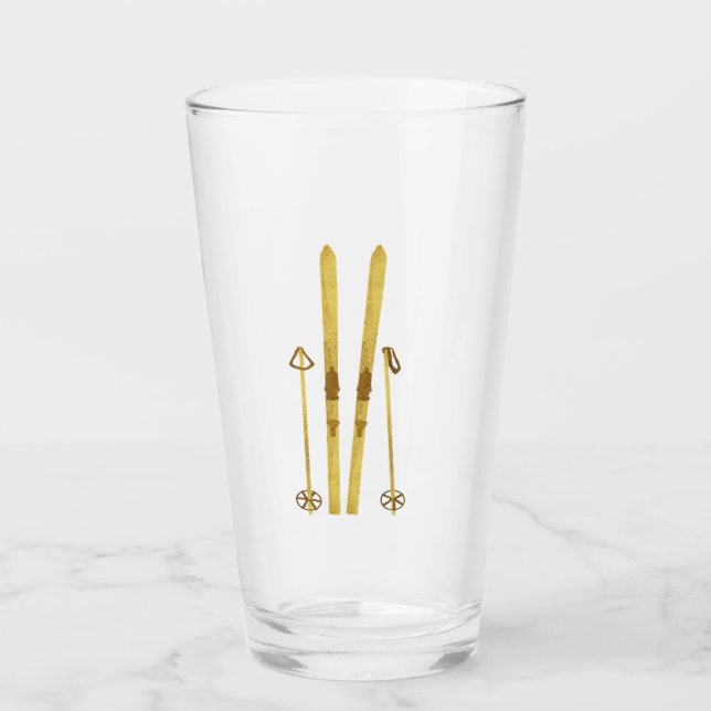 Gold Skis And Poles | Retro Ski Illustration Glass (Front)