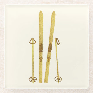Gold Skis And Poles | Retro Ski Illustration Glass Coaster
