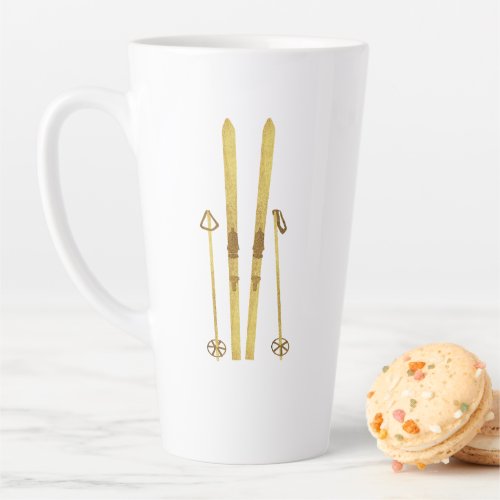 Gold Skis And Poles  Retro Ski Illustration Latte Mug