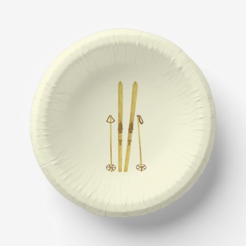 Gold Skis And Poles  Retro Ski Illustration Paper Bowls