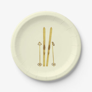 Gold Skis And Poles   Retro Ski Illustration Paper Plates