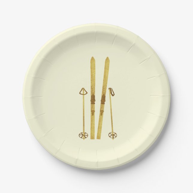 Gold Skis And Poles | Retro Ski Illustration Paper Plates (Front)