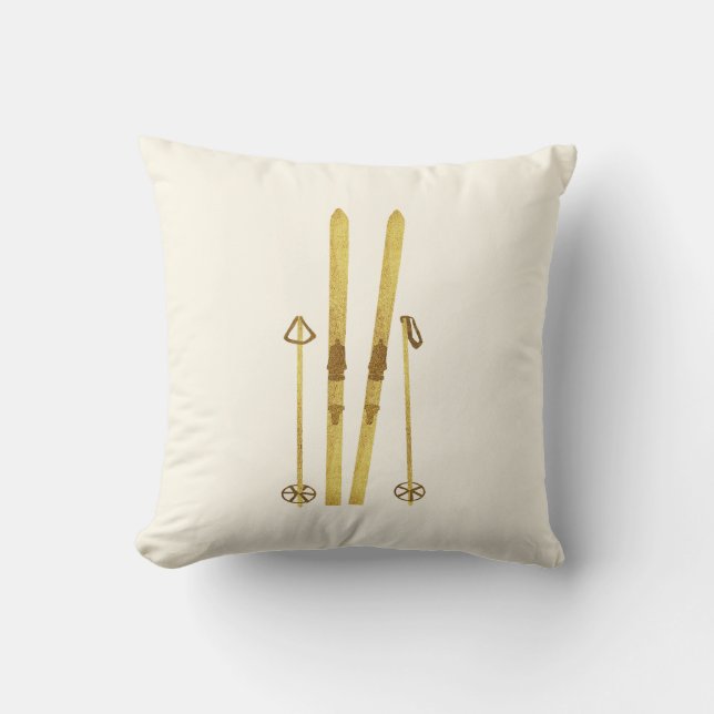 Gold Skis And Poles | Retro Ski Illustration Throw Pillow (Front)