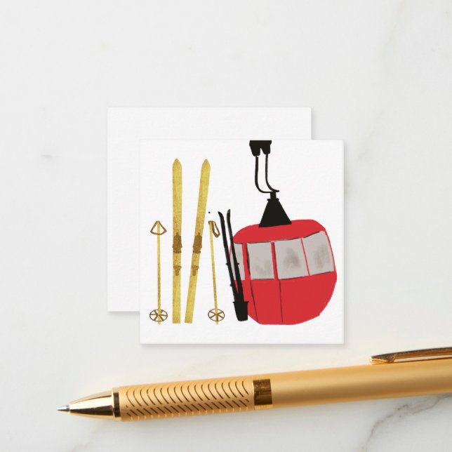 Gold Skis And Poles | Retro Ski Lift Holiday Enclosure Card (Front/Back In Situ)