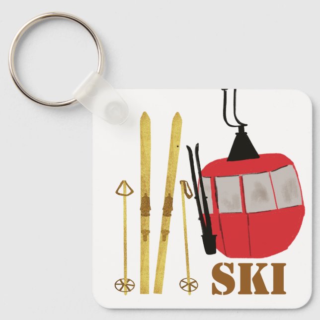 Gold Skis And Poles | Retro Ski Lift Holiday Pink Keychain (Front)