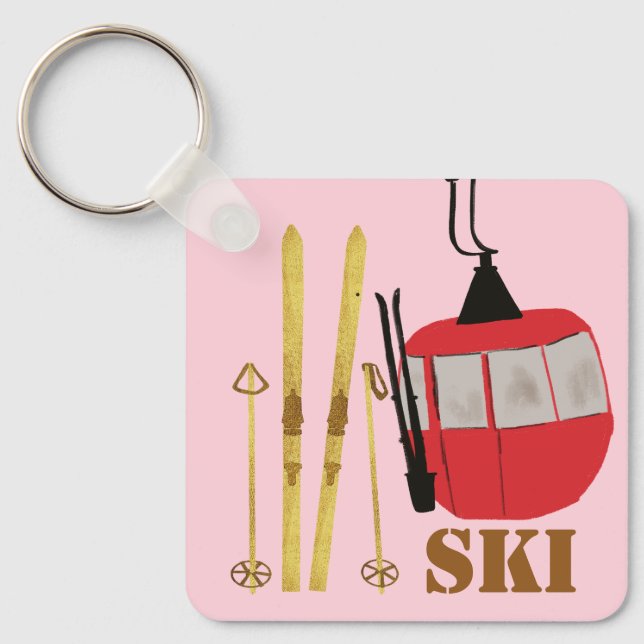 Gold Skis And Poles | Retro Ski Lift Holiday Pink Keychain (Front)