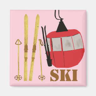 Gold Skis And Poles Retro Ski Lift Holiday Pink Magnet