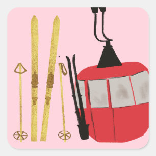 Gold Skis And Poles Retro Ski Lift Holiday Pink Square Sticker