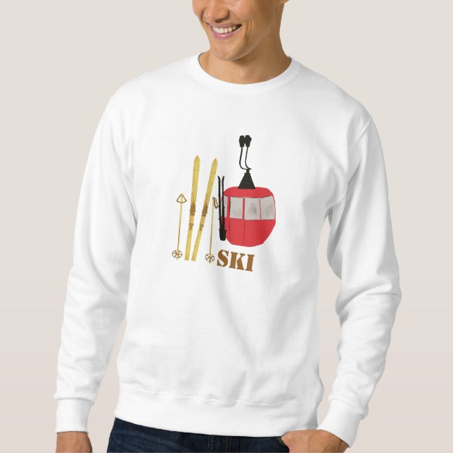 Gold Skis And Poles | Retro Ski Lift Holiday Sweatshirt (Front)