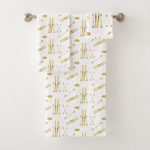 Gold Skis And Poles  Retro Ski Pattern  Bath Towel Set