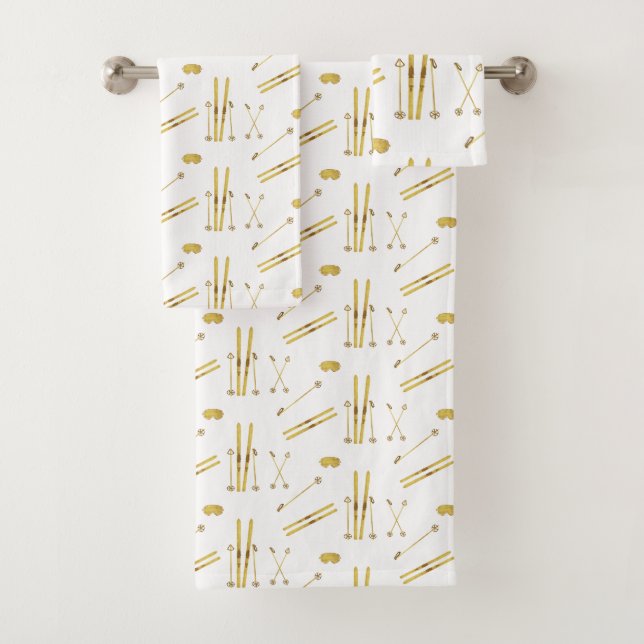 Gold Skis And Poles | Retro Ski Pattern  Bath Towel Set (Insitu)