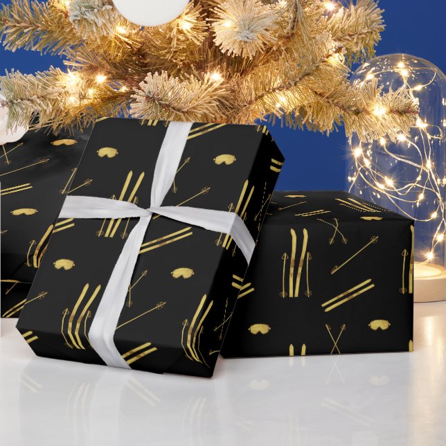 Gold Skis And Poles | Retro Ski Pattern Black Wrapping Paper (Holidays)