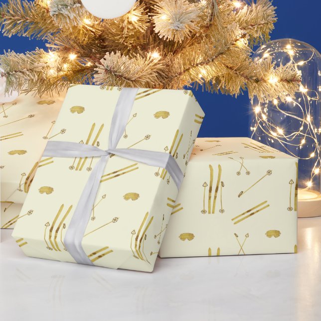Gold Skis And Poles | Retro Ski Pattern Cream Wrapping Paper (Holidays)