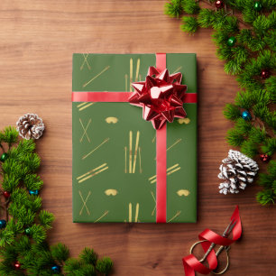 Gold Skis And Poles   Retro Ski Pattern Green Wrapping Paper
