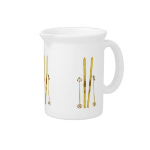 Gold Skis And Poles Vintage Ski Illustration Beverage Pitcher