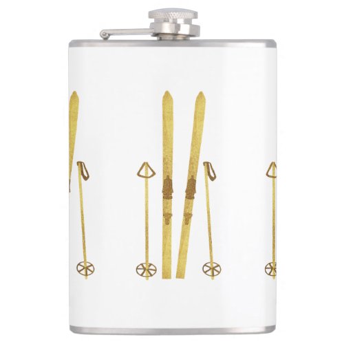 Gold Skis And Poles  Vintage Ski Illustration Flask