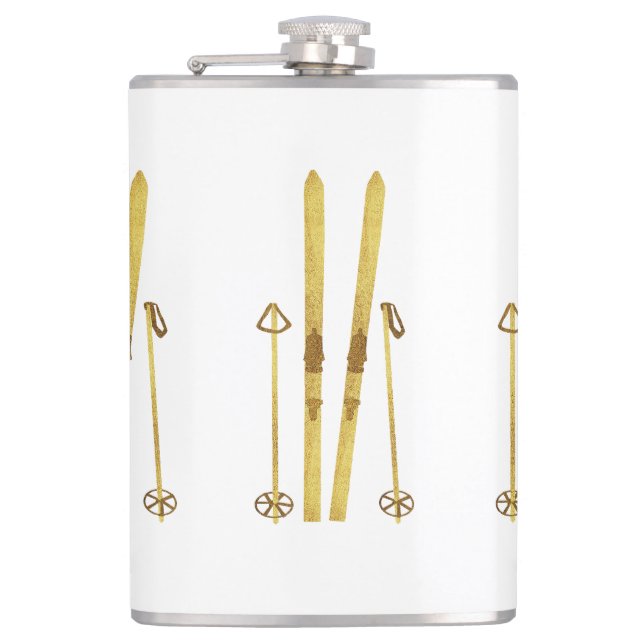 Gold Skis And Poles | Vintage Ski Illustration Flask (Front)