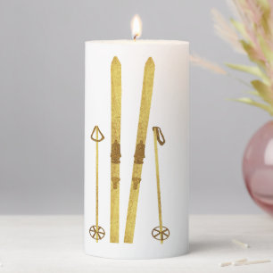 Gold Skis And Poles Vintage Ski Illustration Pillar Candle