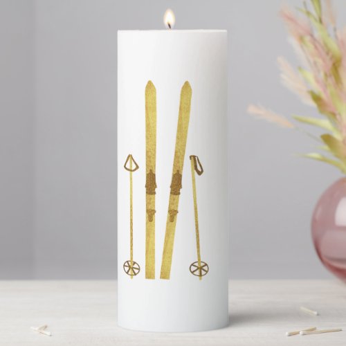 Gold Skis And Poles  Vintage Ski Illustration Pillar Candle