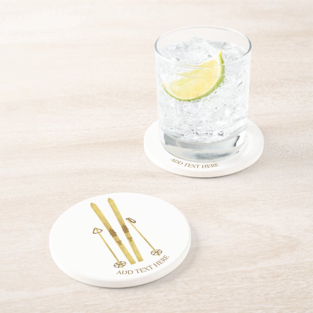 Gold Skis Poles | Vintage Ski Illustration  Coaster (Side)
