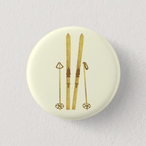 Gold Skis Poles  Vintage Ski Illustration Cream Button