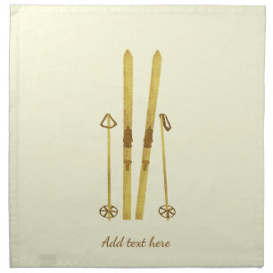 Gold Skis Poles Vintage Ski Illustration Cream Cloth Napkin