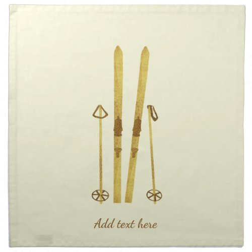 Gold Skis Poles  Vintage Ski Illustration Cream Cloth Napkin