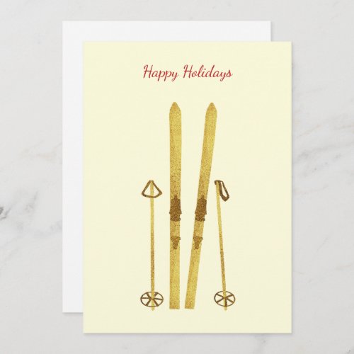Gold Skis Poles  Vintage Ski Illustration Cream Holiday Card