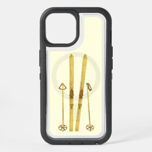 Gold Skis Poles Vintage Ski Illustration Cream iPhone 15 Case