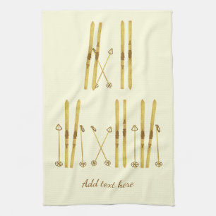 Gold Skis Poles Vintage Ski Illustration Cream Kitchen Towel