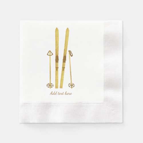 Gold Skis Poles  Vintage Ski Illustration Cream Napkins