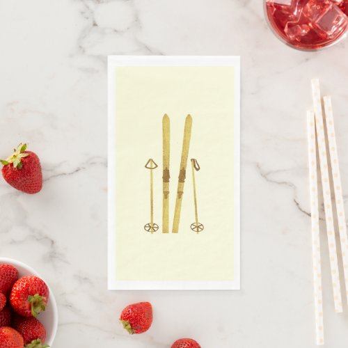 Gold Skis Poles  Vintage Ski Illustration Cream Paper Guest Towels