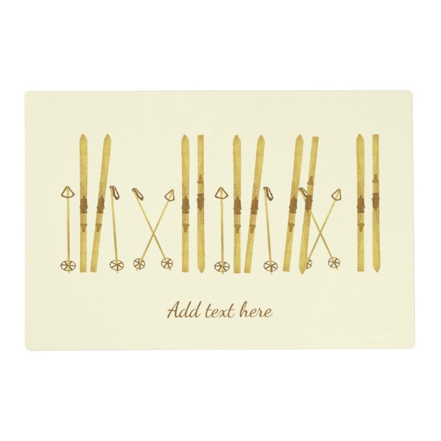 Gold Skis Poles | Vintage Ski Illustration Cream Placemat (Front)