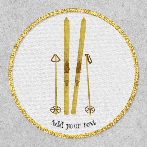 Gold Skis Poles  Vintage Ski Illustration White Patch