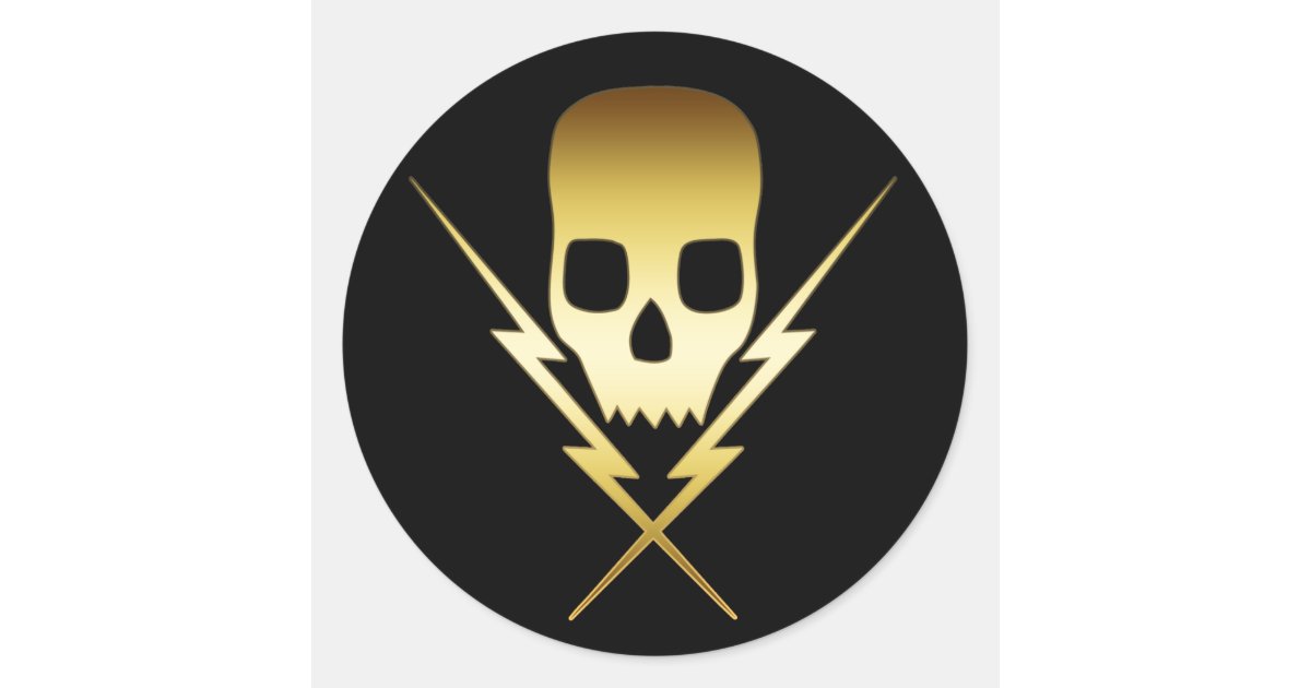 GOLD SKULL AND LIGHTNING BOLTS CLASSIC ROUND STICKER | Zazzle