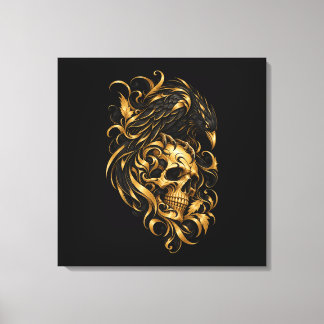 Gold Skull and Raven Wrapped Halloween Canvas Print