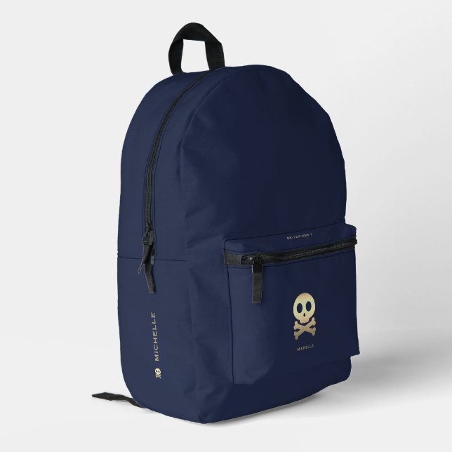 Gold Skull Crossbones Stylish Dark Navy Blue  Printed Backpack (Back Corner Left)