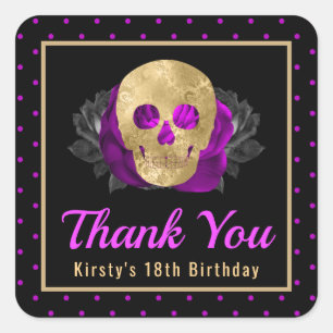 Gold Skull Floral Polka Dot Halloween Birthday Square Sticker