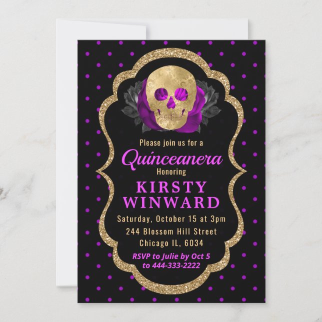 Gold Skull Floral Polka Dot Halloween Quinceanera Invitation (Front)